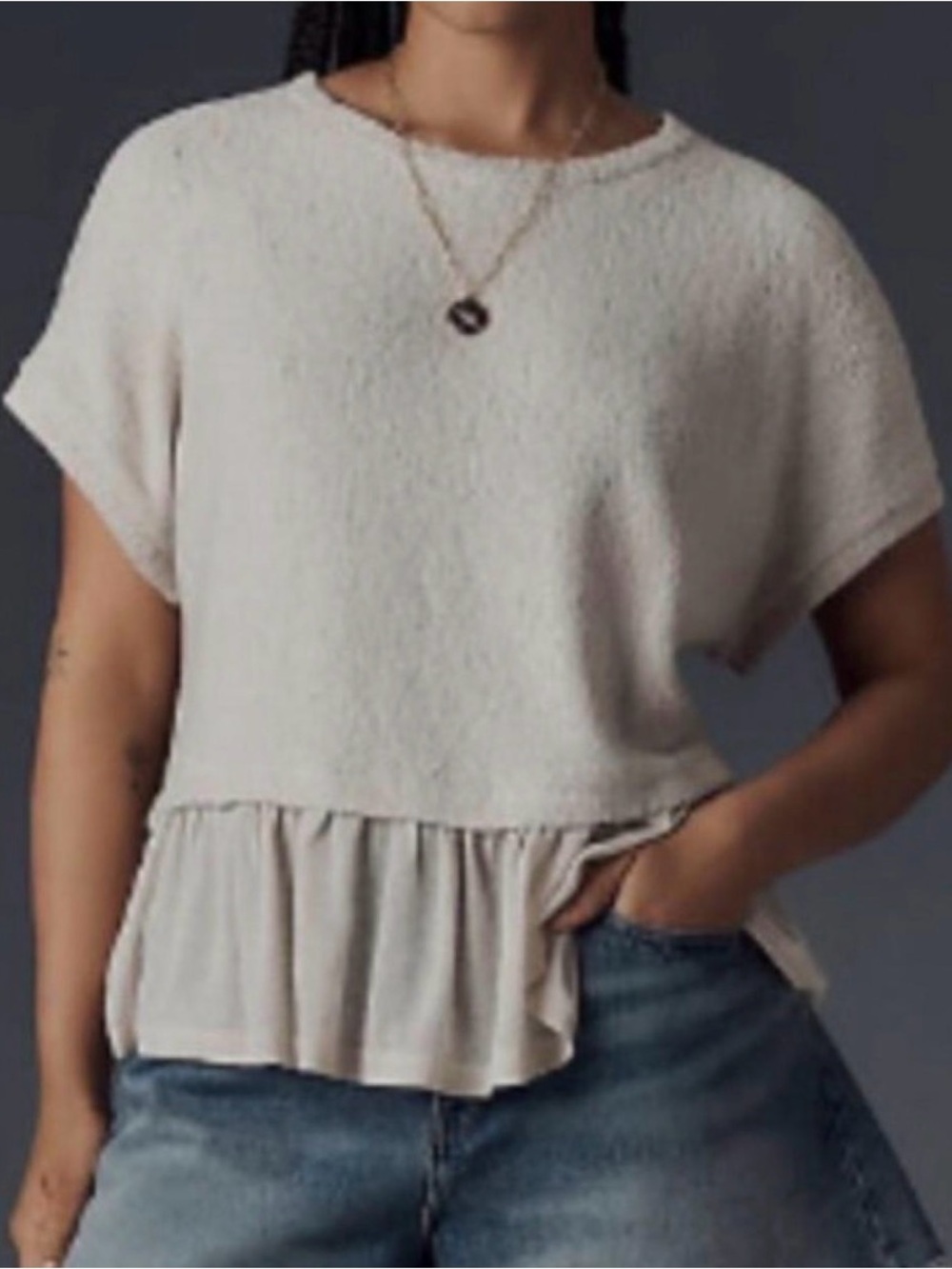 PILCRO Anthropologie Cream Mixed Media Soft Textured Ruffle-Hem Knit Top